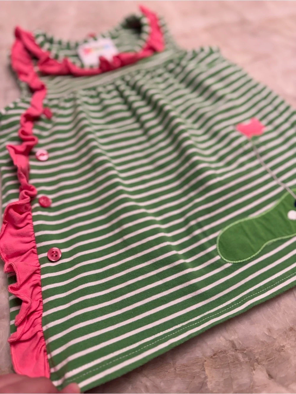 Jelly Bean Green & White Striped Ruffle dress with Pink Trim & golf appliqué